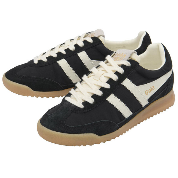 Gola Classics Firefly Women's Retro Nylon and Suede Trainers in Black and Off White CLB577BW - Both Trainers Side by Side View