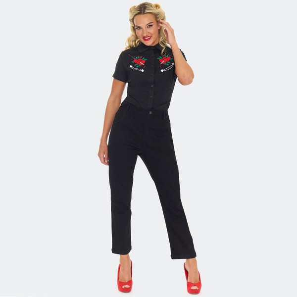 Woman wearing Voodoo Vixen Heart & Dagger Embroidered Capri Cropped Jeans in Black
