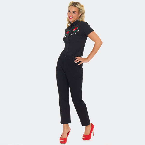Side view of Voodoo Vixen Heart & Dagger Embroidered Capri Cropped Jeans in Black