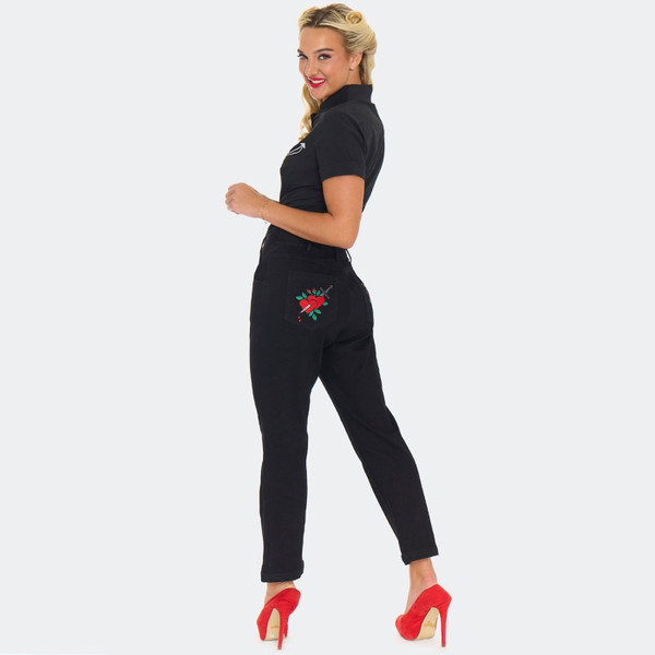 Back of Voodoo Vixen Heart & Dagger Embroidered Capri Cropped Jeans in Black