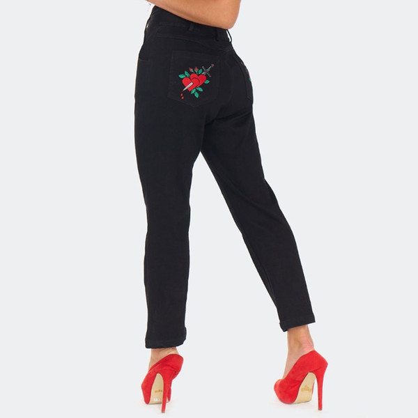 Reverse of Voodoo Vixen Heart & Dagger Embroidered Capri Cropped Jeans in Black