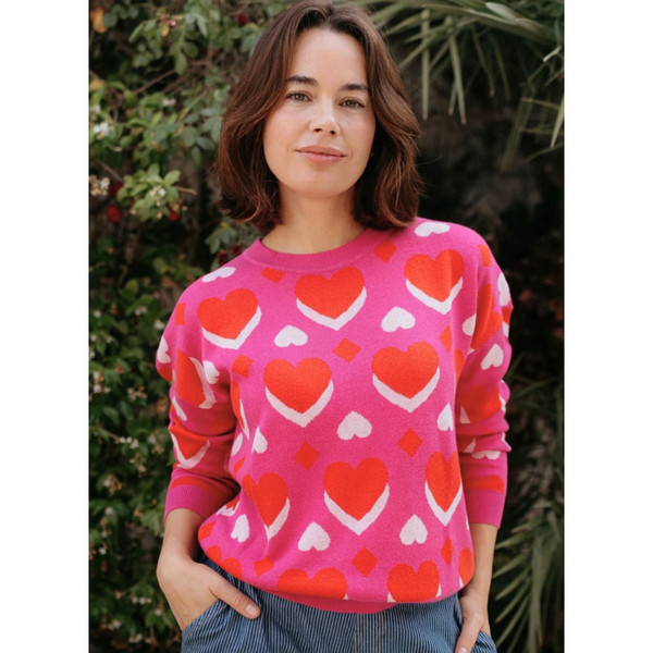 Lifestyle photo of model wearing Sugarhill Brighton Andi Pink Hearts Valentines Jumper K0957