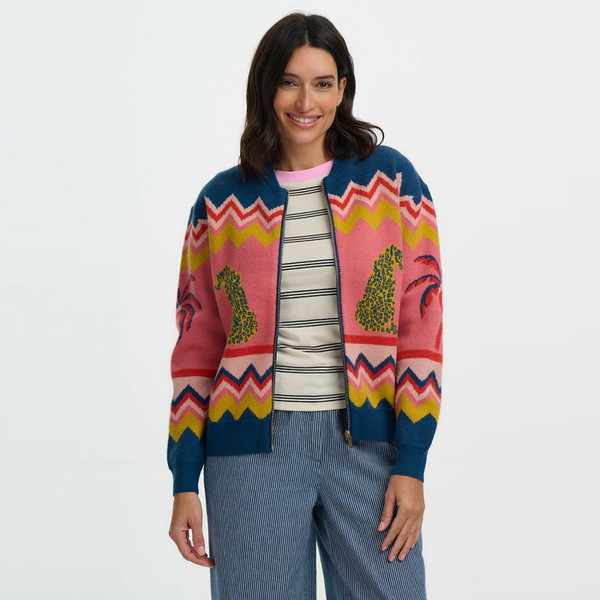 Women wears Sugarhill Brighton Solana Knitted Bomber in Leopard And Palms Design