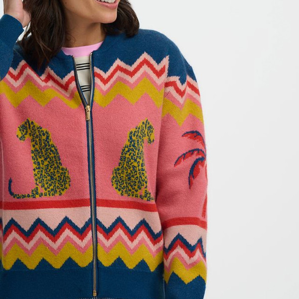 Pattern and knit detail on Sugarhill Brighton Solana Knitted Bomber in Leopard And Palms Design