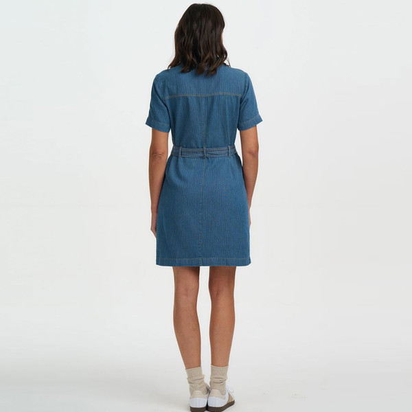 Back of Sugarhill Brighton Tasha Retro Mini Dress in Blue Stripe Denim