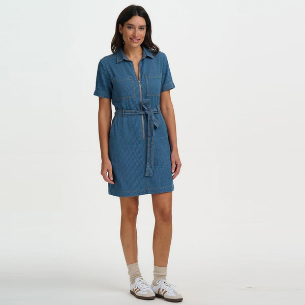 Side view of Sugarhill Brighton Tasha Retro Mini Dress in Blue Stripe Denim