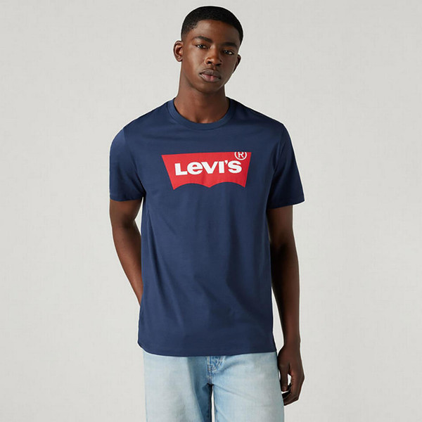 Model Wearing Levi's Batwing Graphic Men's Retro Crew Neck T-shirt in Dress Blue 177830139 Front View