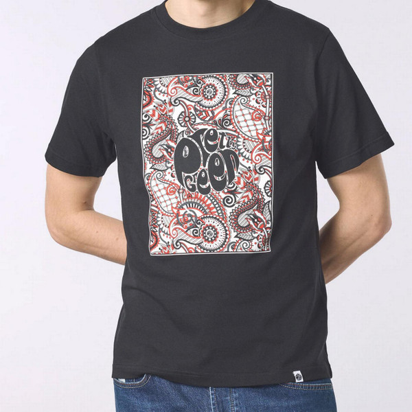 Model Wearing Pretty Green Resonance Men's Retro Paisley Box Logo T-shirt in Black G26Q1MUJER125 - Front View
