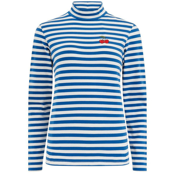 Sugarhill Brighton Cherry Annika Turtleneck Jersey Top in Off White/Blue Stripes