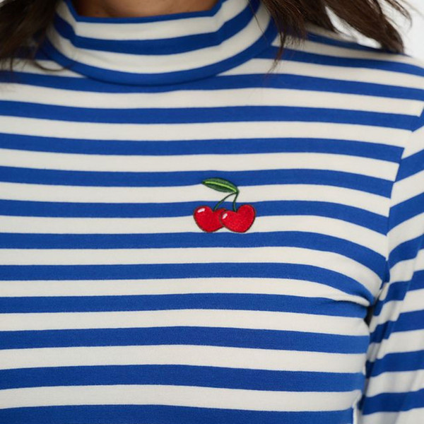 Embroidered Cherry motif on Sugarhill Brighton Cherry Annika Turtleneck Jersey Top in Off White/Blue Stripes