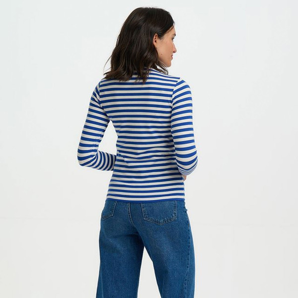 Back of Sugarhill Brighton Cherry Annika Turtleneck Jersey Top in Off White/Blue Stripes
