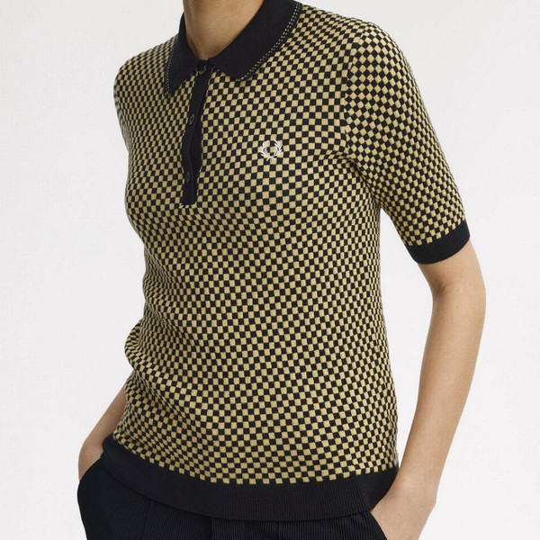 Model Wearing Fred Perry Women's Retro Mod Chequerboard Knitted Polo Shirt in Black and Champagne K2123 102 Front View