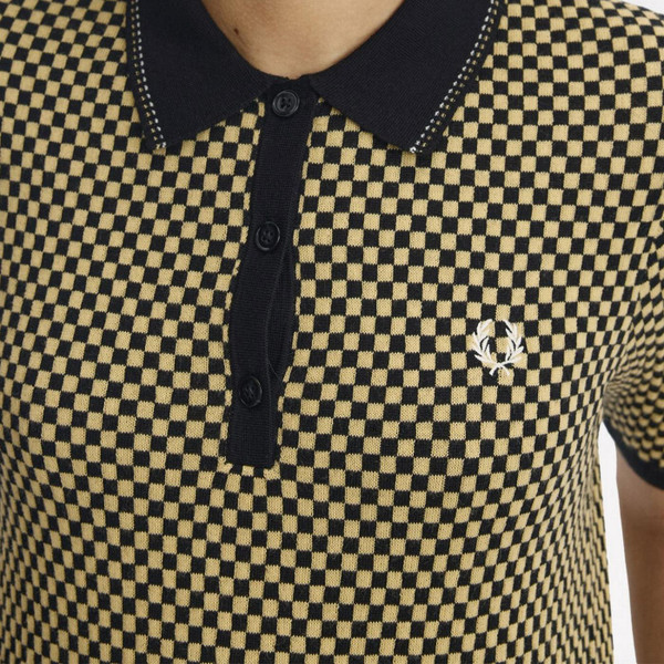 Model Wearing Fred Perry Women's Retro Mod Chequerboard Knitted Polo Shirt in Black and Champagne K2123 102 Fabric Detail
