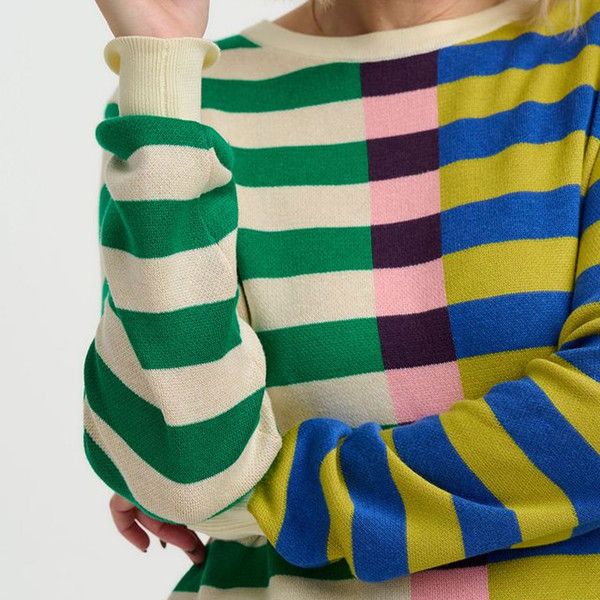 Knit and stripe details on Sugarhill Brighton Off-Set Stripe Retro Rosie Knitted Jumper