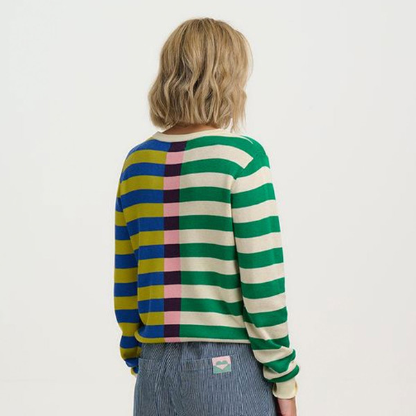 Back of Sugarhill Brighton Off-Set Stripe Retro Rosie Knitted Jumper