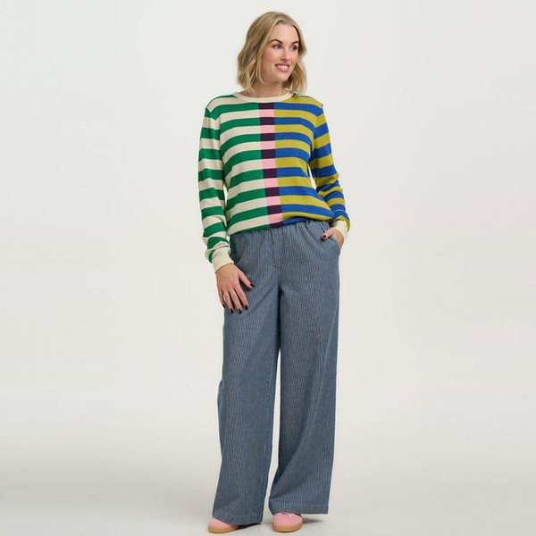 Woman wears Sugarhill Brighton Off-Set Stripe Retro Rosie Knitted Jumper