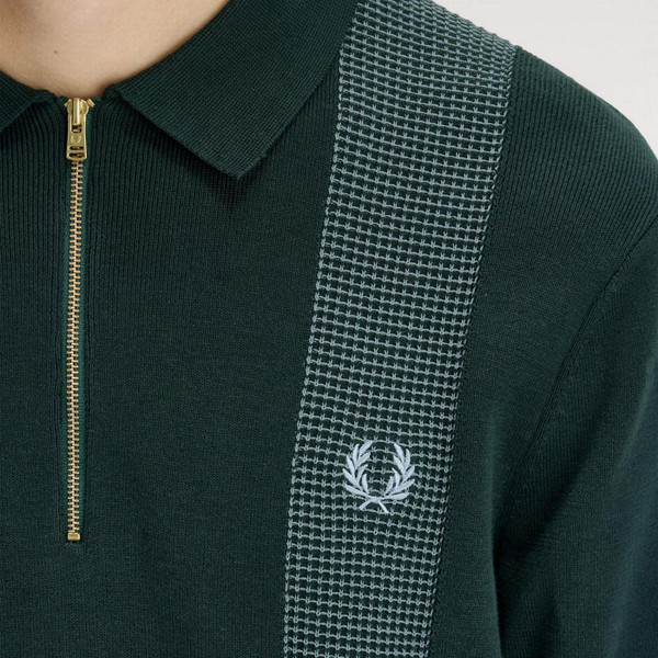 Fred Perry Men's 1960s Mod Panel Knitted Polo Shirt in Grassroots K2310 30A Zip Placket Detail