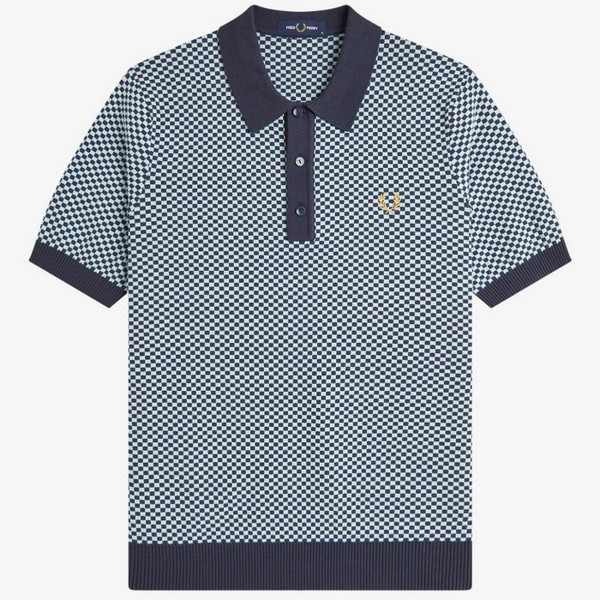 Fred Perry Men's Mod Chequerboard Knitted Polo Shirt in Dark Airforce K2312 738 Main View