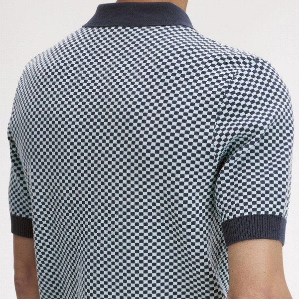 Fred Perry Men's Mod Chequerboard Knitted Polo Shirt in Dark Airforce K2312 738 Back Detail