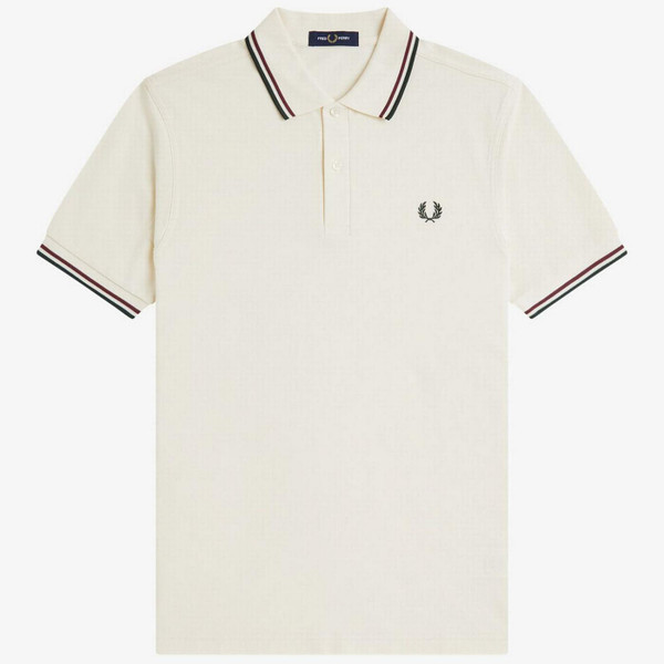Fred Perry Twin Tipped Pique Polo Shirt in Ecru, Oxblood and Grassroots M3600 84A - Main View