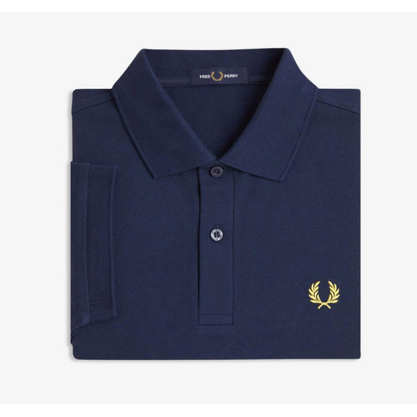 Fred Perry M6000 Pique Polo Shirt in Tennis Blue and Lemon Barley M6000 02B - Folded View