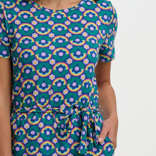Print detail on Sugarhill Brighton Flissy Retro 60s Flower Floral Midi Dress in Navy/Teal
