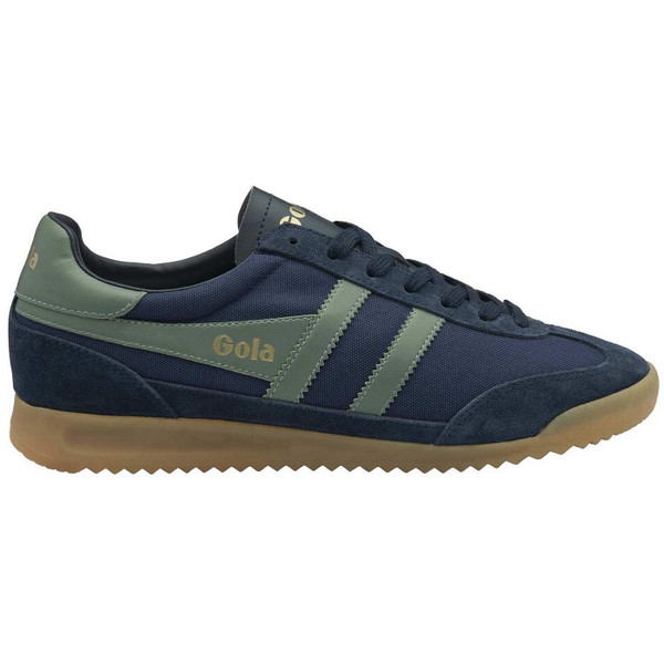 Gola Tornado Men's Retro Suede Trainers in Navy and Sage - Side View