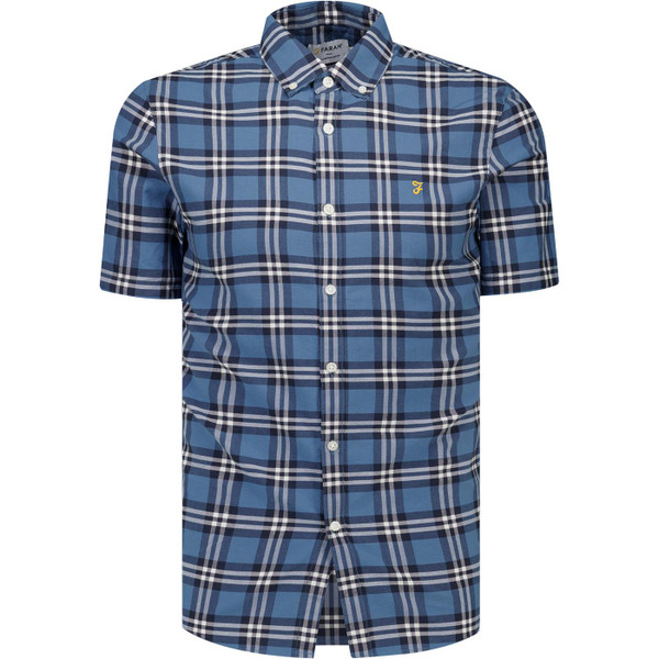 Farah Vintage Brewer Retro 3 Colour Check Short Sleeve Oxford Shirt in Blue Tide