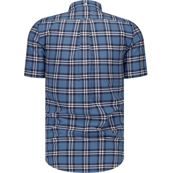 Back of Farah Vintage Brewer Retro 3 Colour Check Short Sleeve Oxford Shirt in Blue TideFarah Vintage Brewer Retro 3 Colour Check Short Sleeve Oxford Shirt in Blue Tide