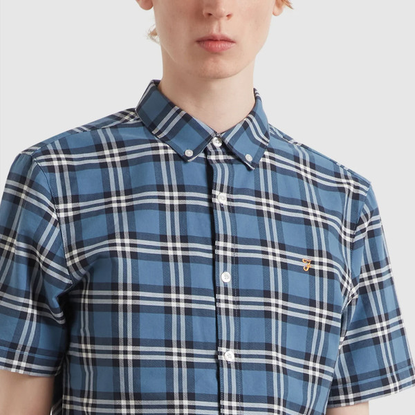 Check fabric on Farah Vintage Brewer Retro 3 Colour Check Short Sleeve Oxford Shirt in Blue Tide
