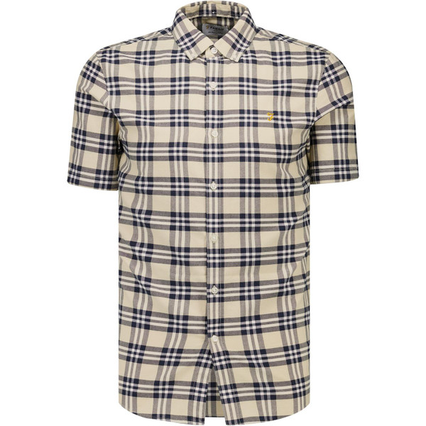 Farah Vintage Brewer Retro 3 Colour Check Short Sleeve Oxford Shirt in Birch Grey
