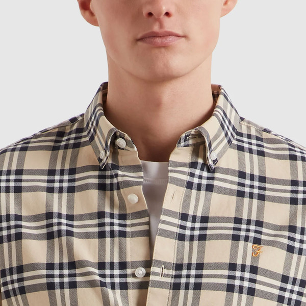Button Down Mod Collar on Farah Vintage Brewer Retro 3 Colour Check Short Sleeve Oxford Shirt in Birch Grey
