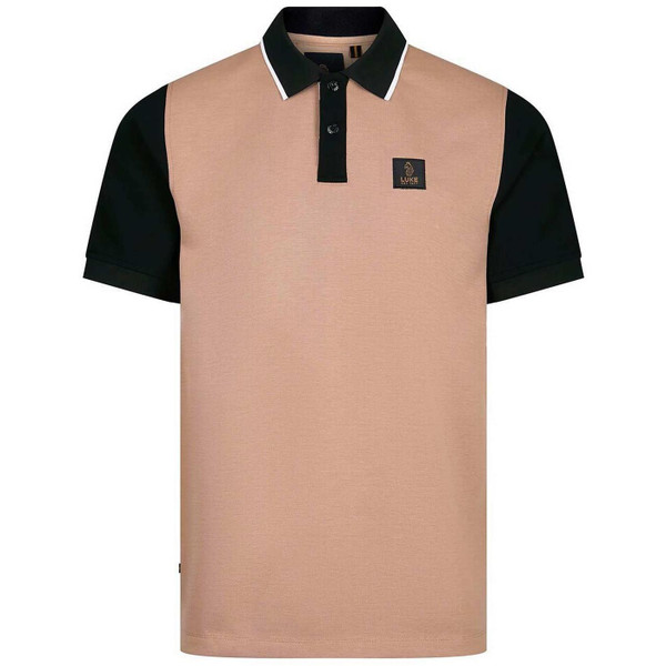 Luke Saddleworth Men's Retro Colour Block Intertech Pique Polo Shirt in Fawn - Front