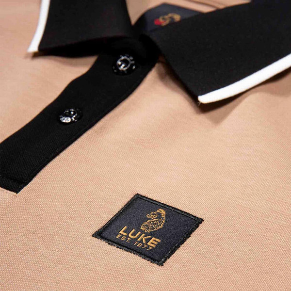 Luke Saddleworth Men's Retro Colour Block Intertech Pique Polo Shirt in Fawn - Badge Detail