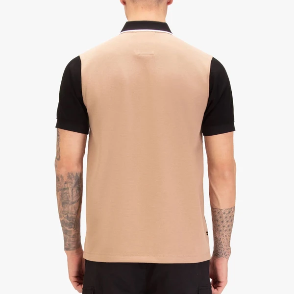 Reverse of Luke Saddleworth Men's Retro Colour Block Intertech Pique Polo Shirt in Fawn