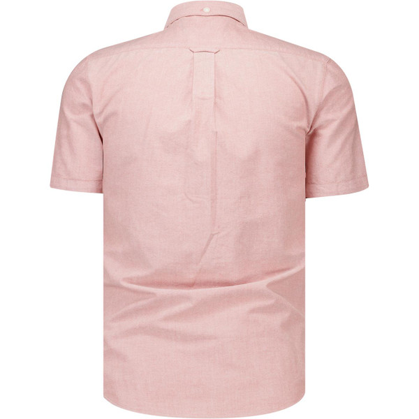 Back of Farah Vintage Mens Brewer Mod Slim Fit Short Sleeve Oxford Shirt in Coral Reef
