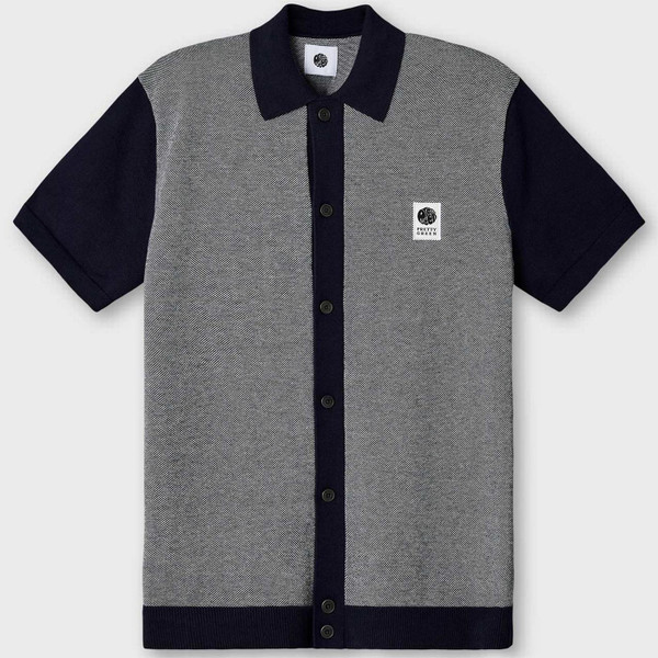 Pretty Green Roxy Birdseye Knit Button Through Polo Shirt in Navy and Grey - Front