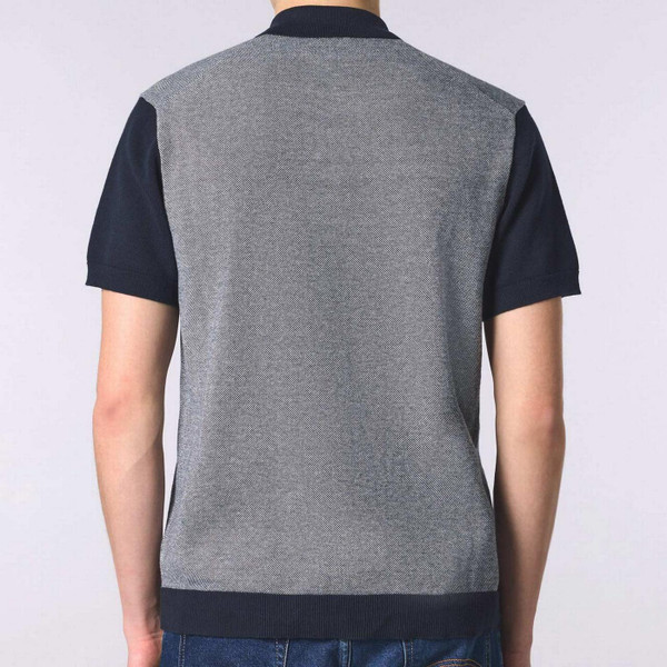 Model Wearing Pretty Green Roxy Birdseye Knit Button Through Polo Shirt in Navy and Grey - Back