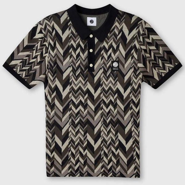 Pretty Green Starship Op Art Chevron Knitted Polo Shirt in Black - Front