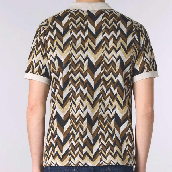Model Wearing Pretty Green Starship 1960s Mod Op Art Chevron Knitted Polo Shirt in Stone Back