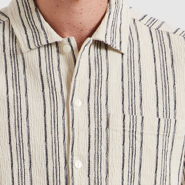 Fabric detail on Farah Vintage Mens Simon Retro Fine Stripe Short Sleeve Dobby Shirt in Ecru