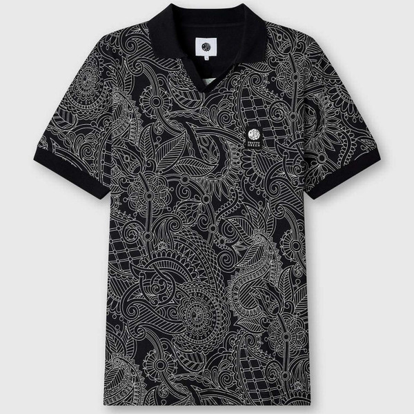 Pretty Green Resonance Linear Paisley Men's Mod Polo shirt in Black - Main View