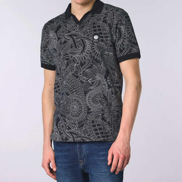 Model Wearing Pretty Green Resonance Linear Paisley Men's Mod Polo shirt in Black