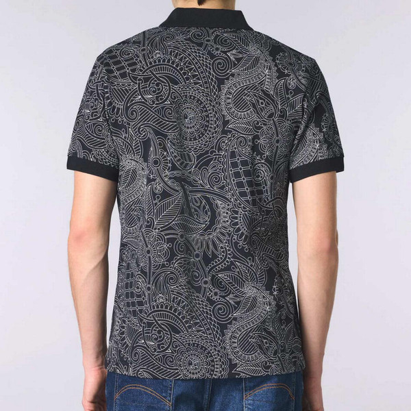 Model Wearing Pretty Green Resonance Linear Paisley Men's Mod Polo shirt in Black - Back View