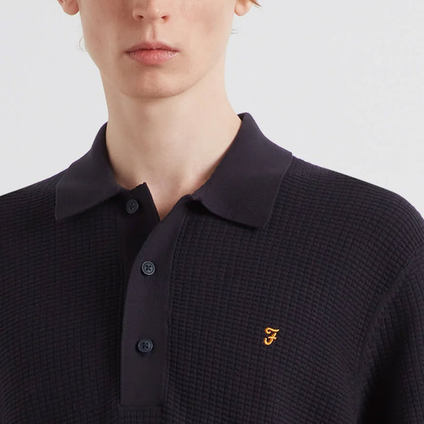 Chunky Textured Knit Details on Farah Vintage Mens Thornley Chunky Waffle Knit Cotton Polo T-Shirt in True Navy