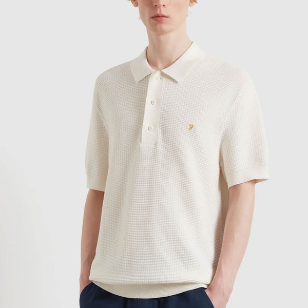 Man wears Farah Vintage Mens Thornley Chunky Waffle Knitted Retro Polo in Ecru