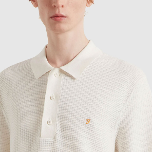 Chunky Waffle Knit Detail on Farah Vintage Mens Thornley Chunky Waffle Knitted Retro Polo in Ecru