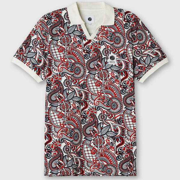 Pretty Green Resonance Men's Retro Paisley Printed Polo Shirt in White and Red Main View