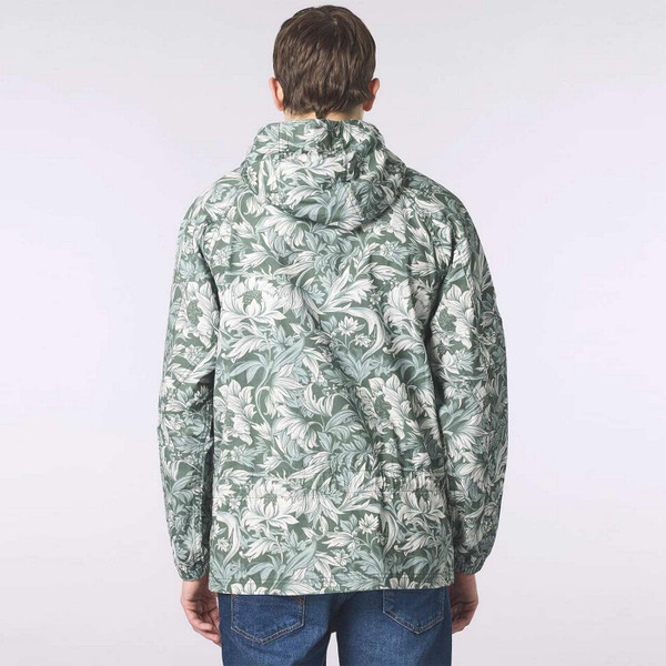 Model Wearing Pretty Green Bostall Men's Retro 90s Floral Print Hooded Jacket in Green - Back View