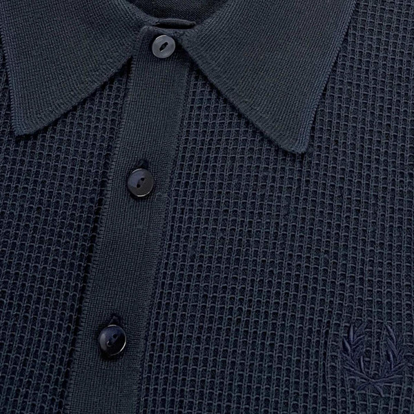 Fred Perry Men's Mod Tonic Waffle Knitted Polo Shirt in Navy - Collar Detail